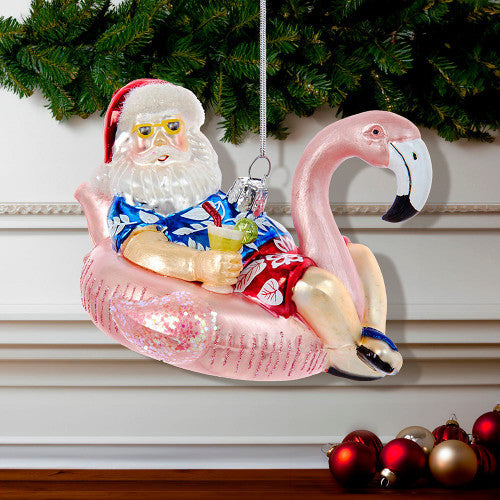 Noble Gems Santa with Flamingo Float Glass Ornament 4.5 Inches