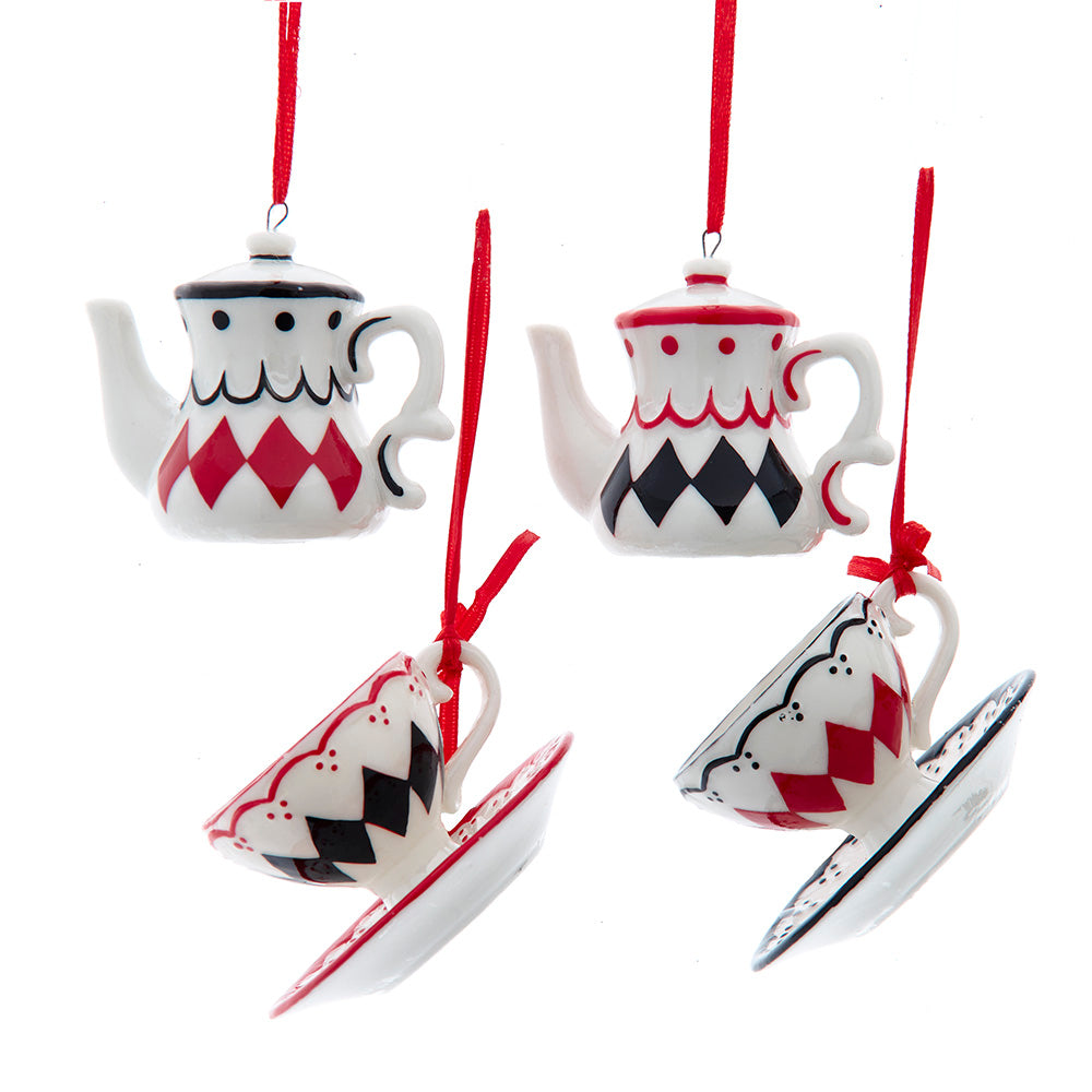 Wonderland Diamond Pattern Teapot and Cup Ornament Set of 4