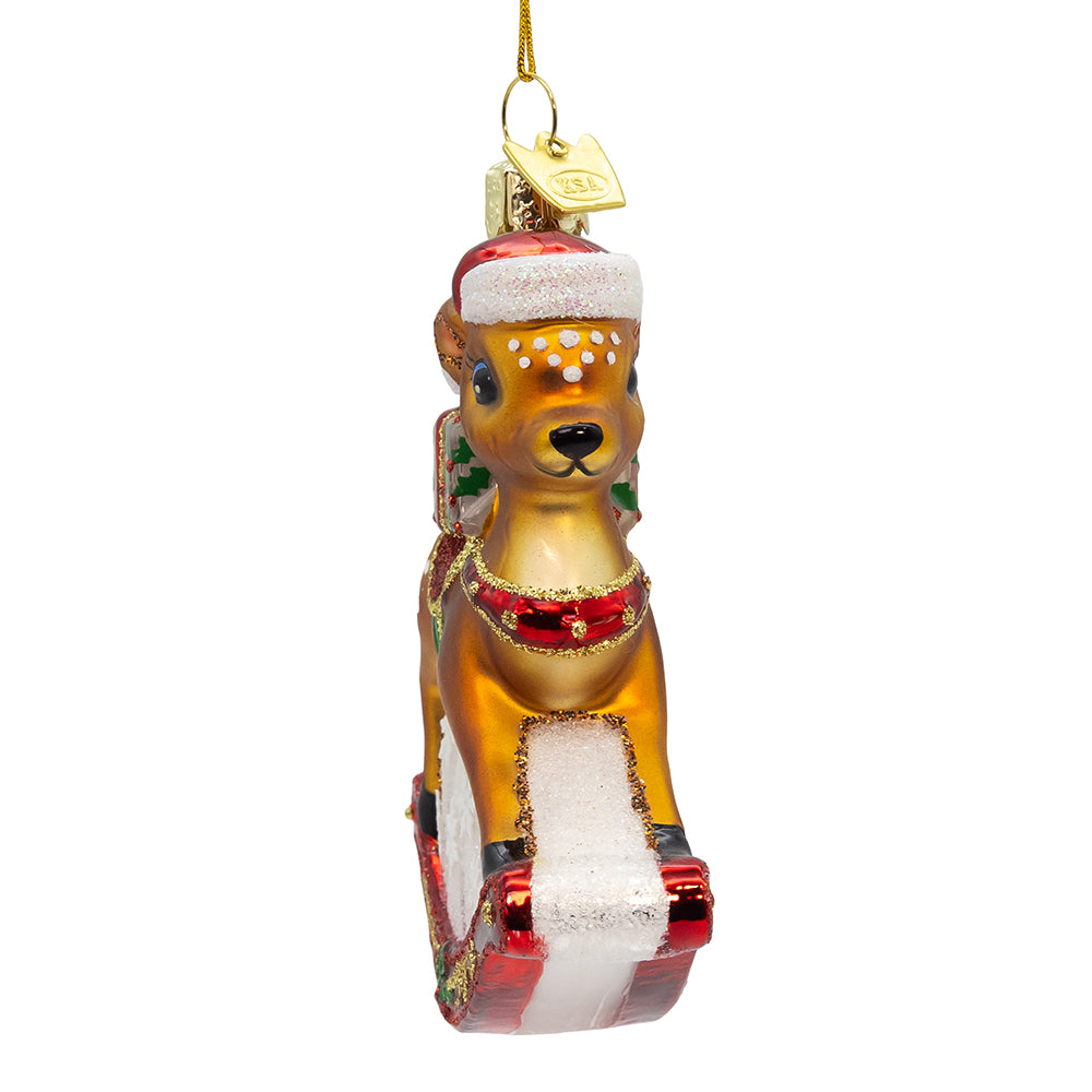 Noble Gems Christmas Rocking Deer Glass Ornament 3.85"