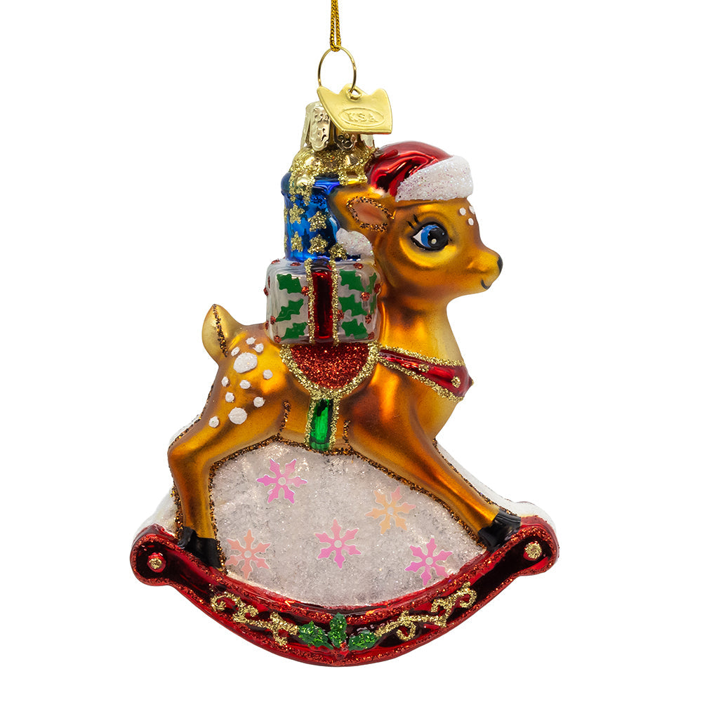 Noble Gems Christmas Rocking Deer Glass Ornament 3.85"
