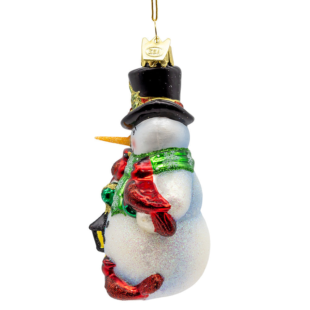 Noble Gems Snowman with Cardinals and Lantern Glass Ornament
