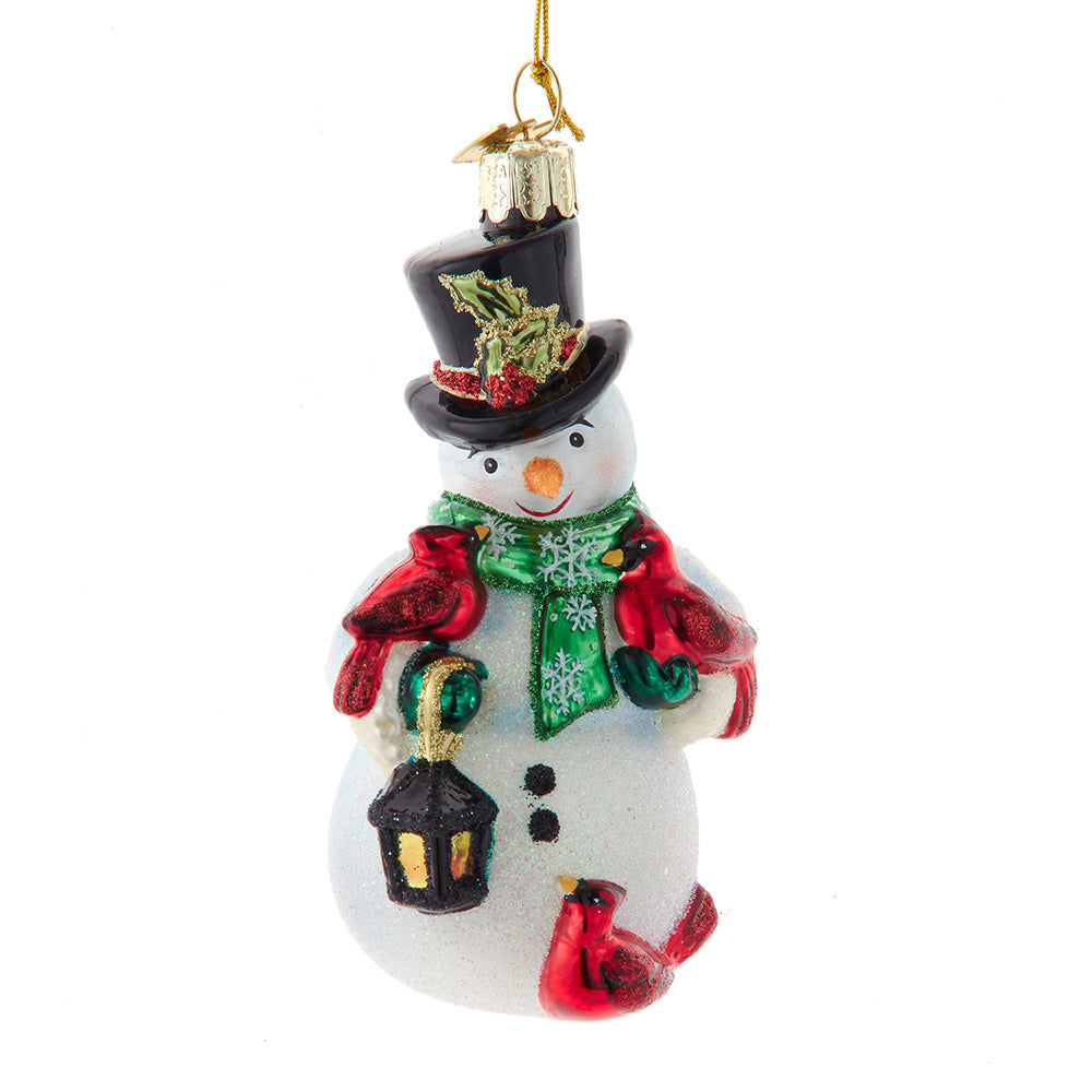 Noble Gems Snowman with Cardinals and Lantern Glass Ornament