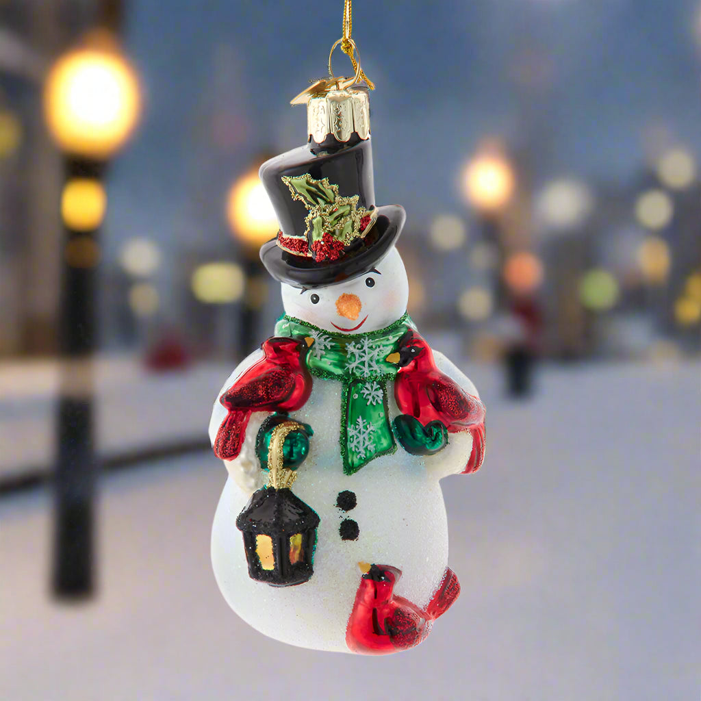 Noble Gems Snowman with Cardinals and Lantern Glass Ornament