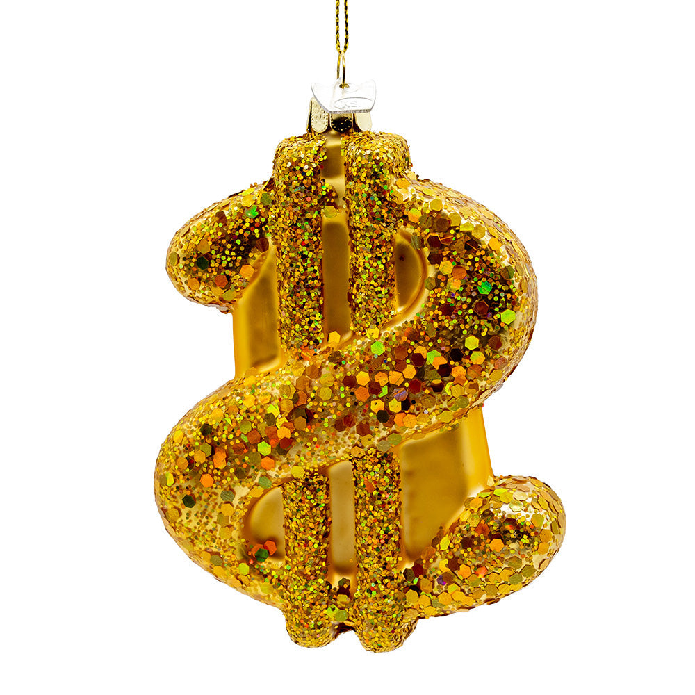 Noble Gems Gold Dollar Sign Glass Ornament 4.75"