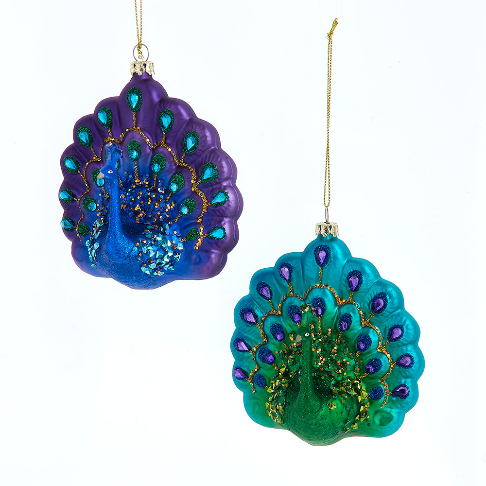 Small Peacock Glass Ornament 4.25" Set of 2
