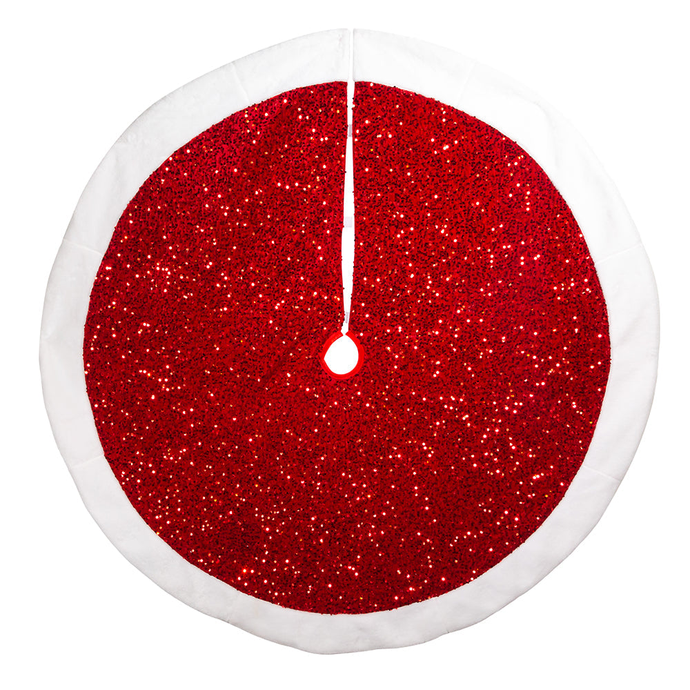 Red Sequined with Faux Fur White Border Tree Skirt 54"