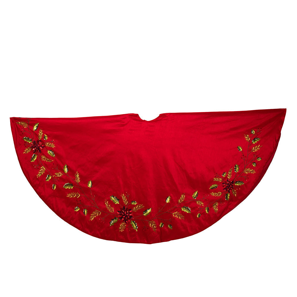 Red Dupion with Multi Sequin Poinsettia and Holly Leaves Tree Skirt 72"