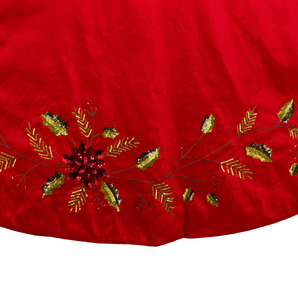 Red Dupion with Multi Sequin Poinsettia and Holly Leaves Tree Skirt 72"