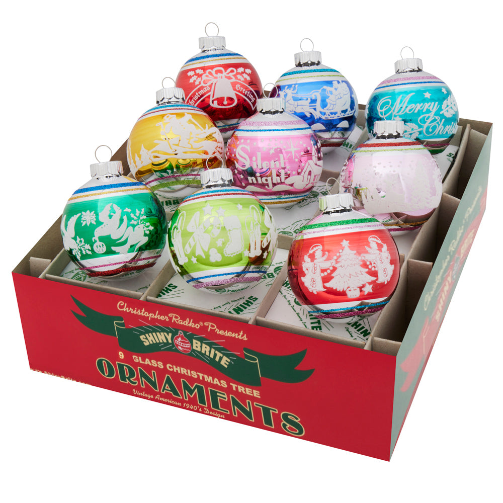 Christmas Confetti Signature Flocked Rounds Ornaments Set of 9 2.5"